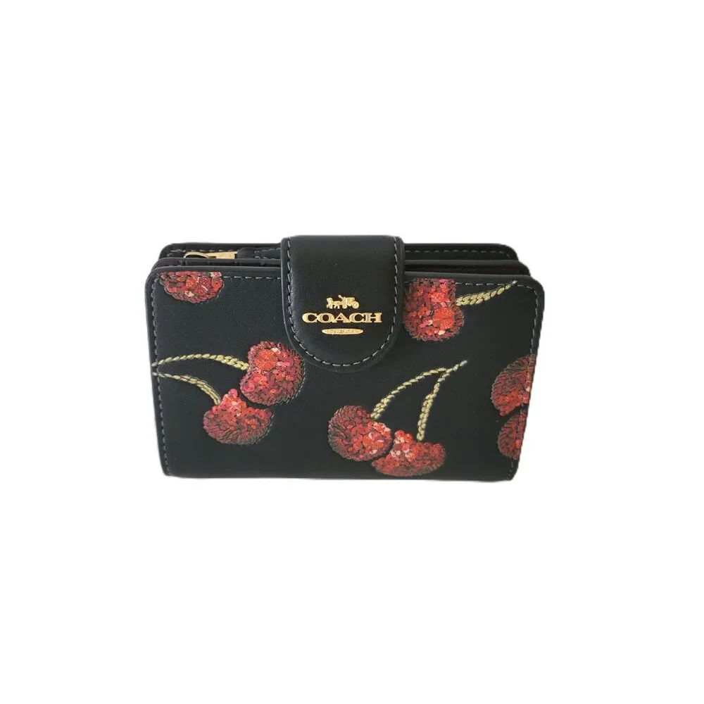 Coach CDF10 Medium Corner Zip Cherry Bifold Wallet Smooth Leather Black Multi - Picture 2 of 7